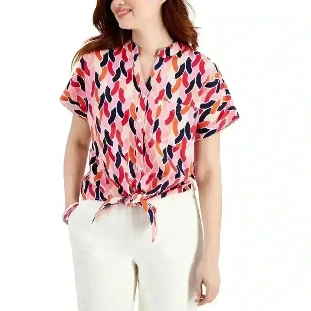 NWT Charter Club Luxury Linen Blouse Collared V-Neck Pink/Red/Orange/Black S